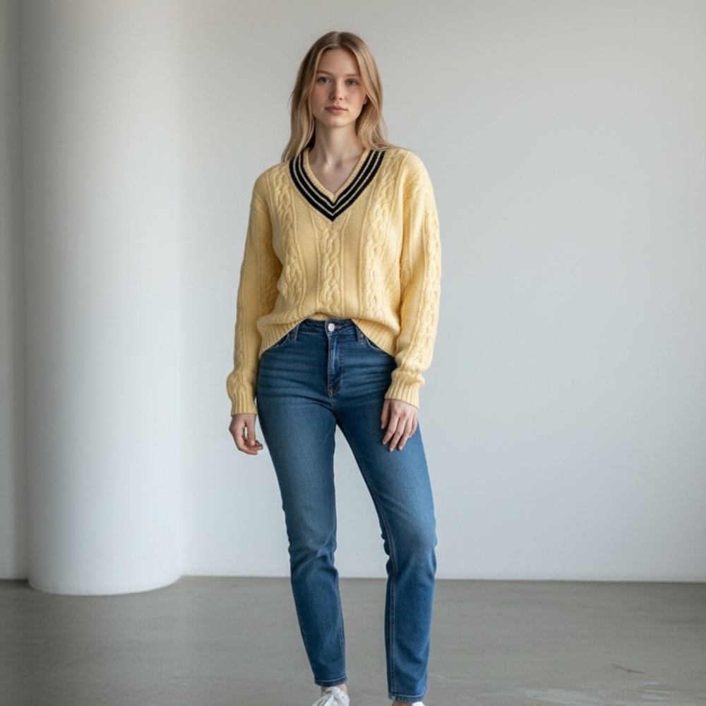 90s Ralph Lauren Hand Knit Crest Sweater Yellow Navy Polo Pony M